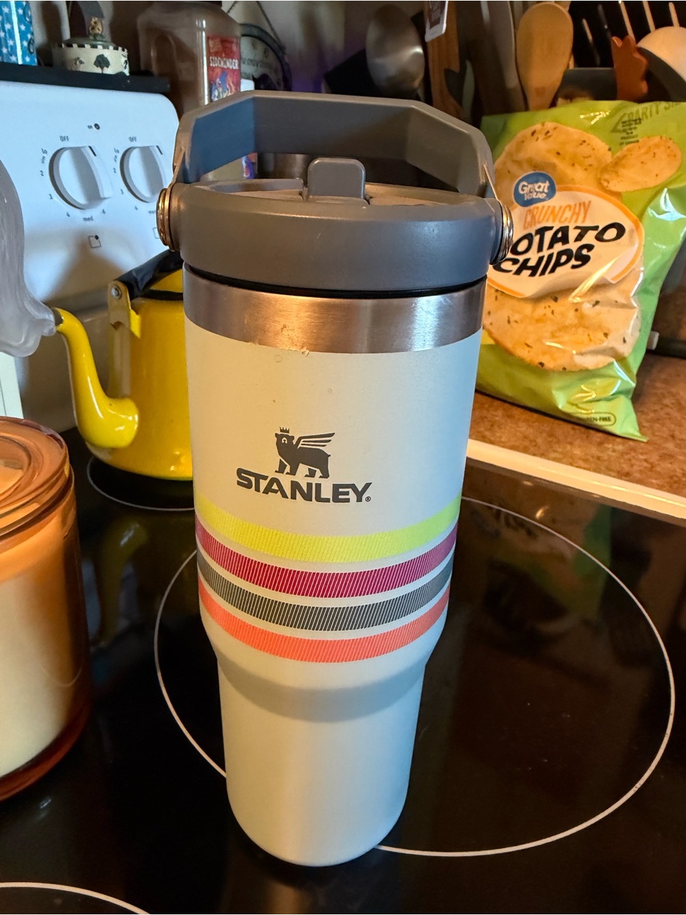 Stanley Cream Tumbler with Neon Yellow, Pink and Gray Stripes